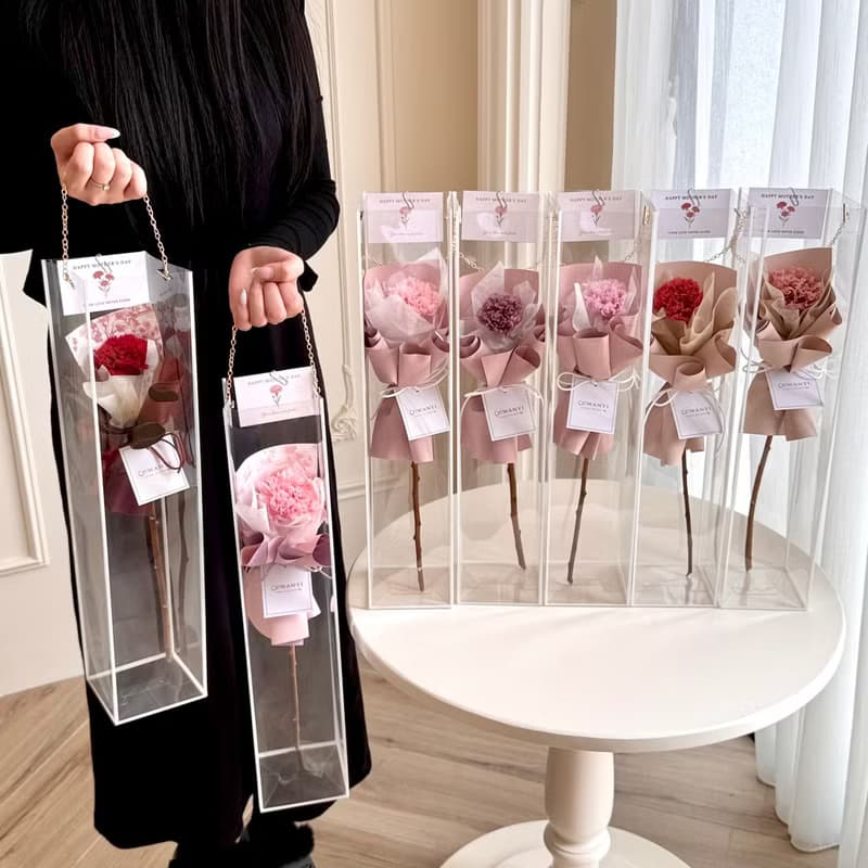 康乃馨單支花束+透明金鍊提袋組 永生花 乾燥花 母親節禮盒聖誕樹