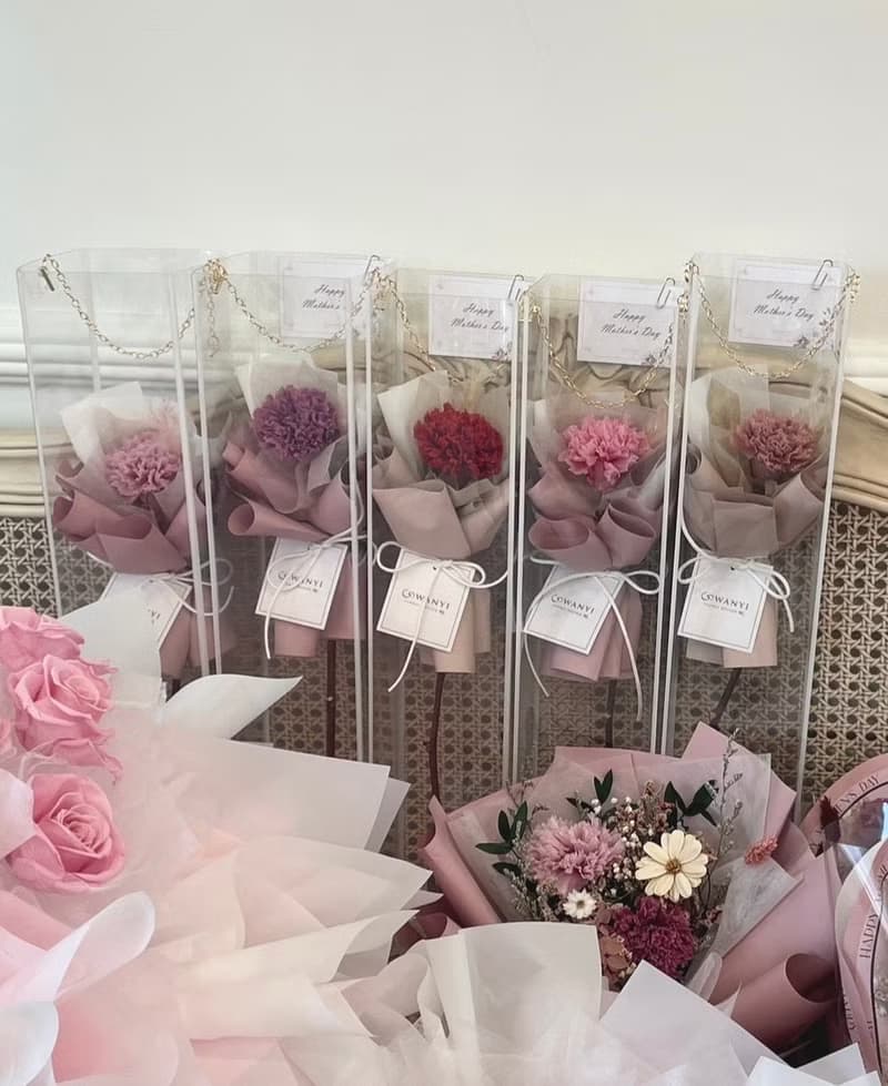 康乃馨單支花束+透明金鍊提袋組 永生花 乾燥花 母親節禮盒聖誕樹