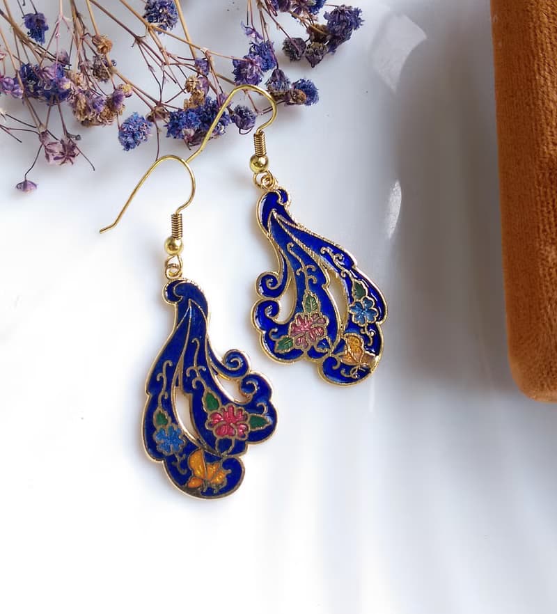Vintage Jewelry 西洋古董飾品 飄逸羽 景泰藍 耳勾 針式耳環