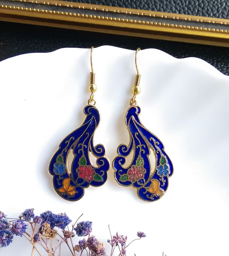Vintage Jewelry 西洋古董飾品 飄逸羽 景泰藍 耳勾 針式耳環