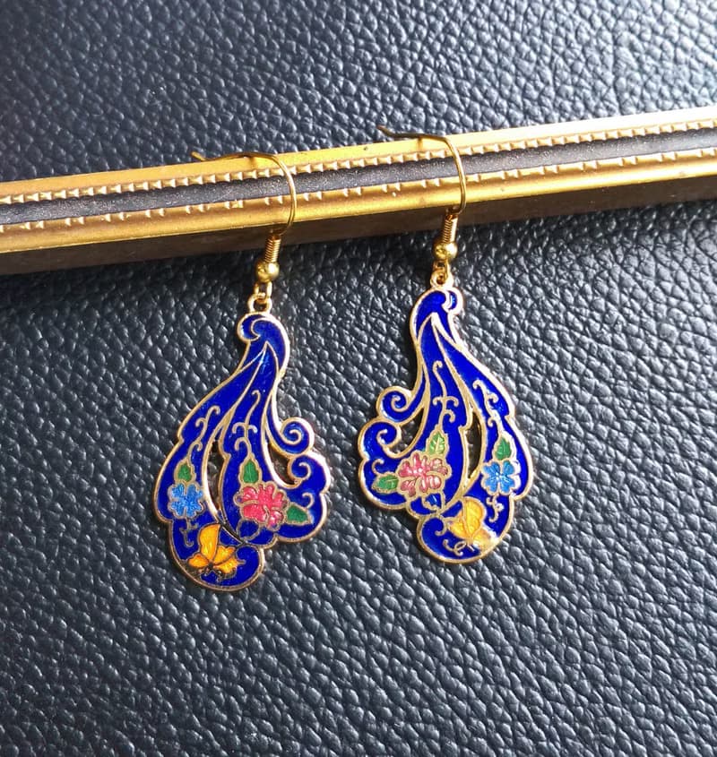 Vintage Jewelry 西洋古董飾品 飄逸羽 景泰藍 耳勾 針式耳環