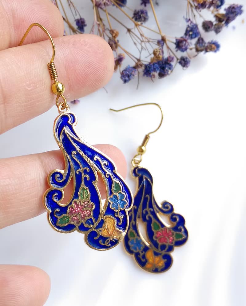 Vintage Jewelry 西洋古董飾品 飄逸羽 景泰藍 耳勾 針式耳環