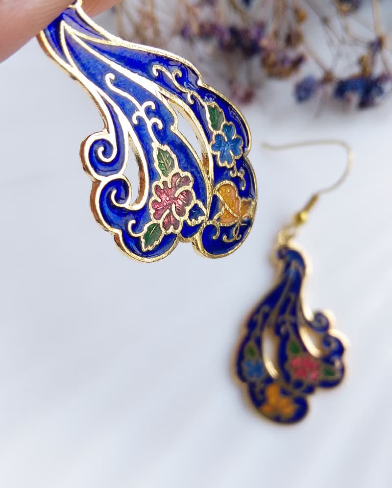 Vintage Jewelry 西洋古董飾品 飄逸羽 景泰藍 耳勾 針式耳環