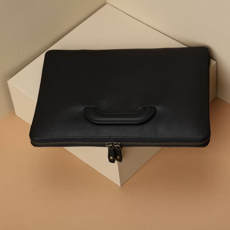 Leather Laptop Case with Handles - Black