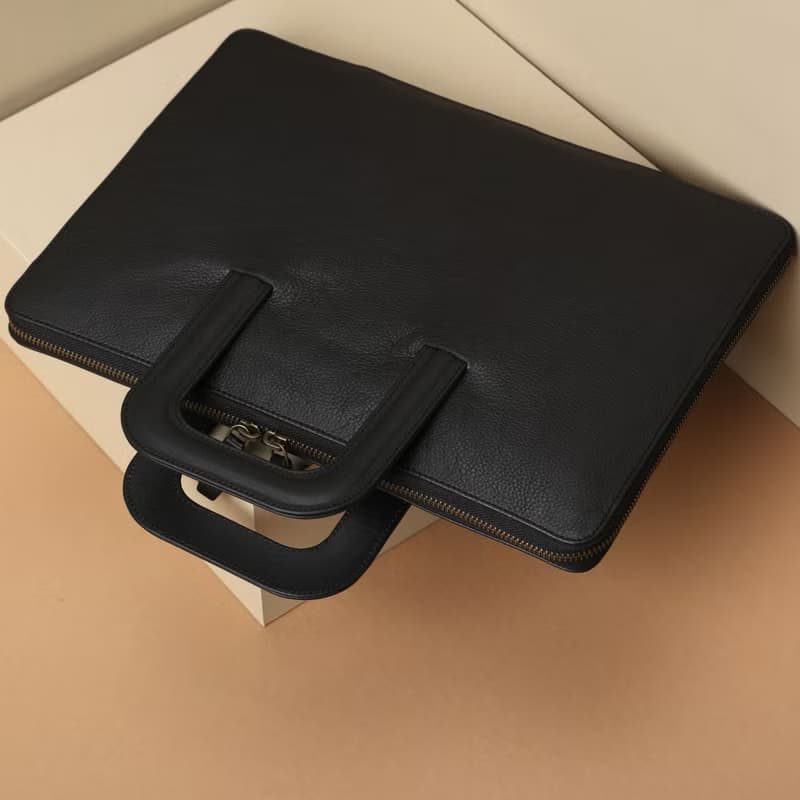 Leather Laptop Case with Handles - Black