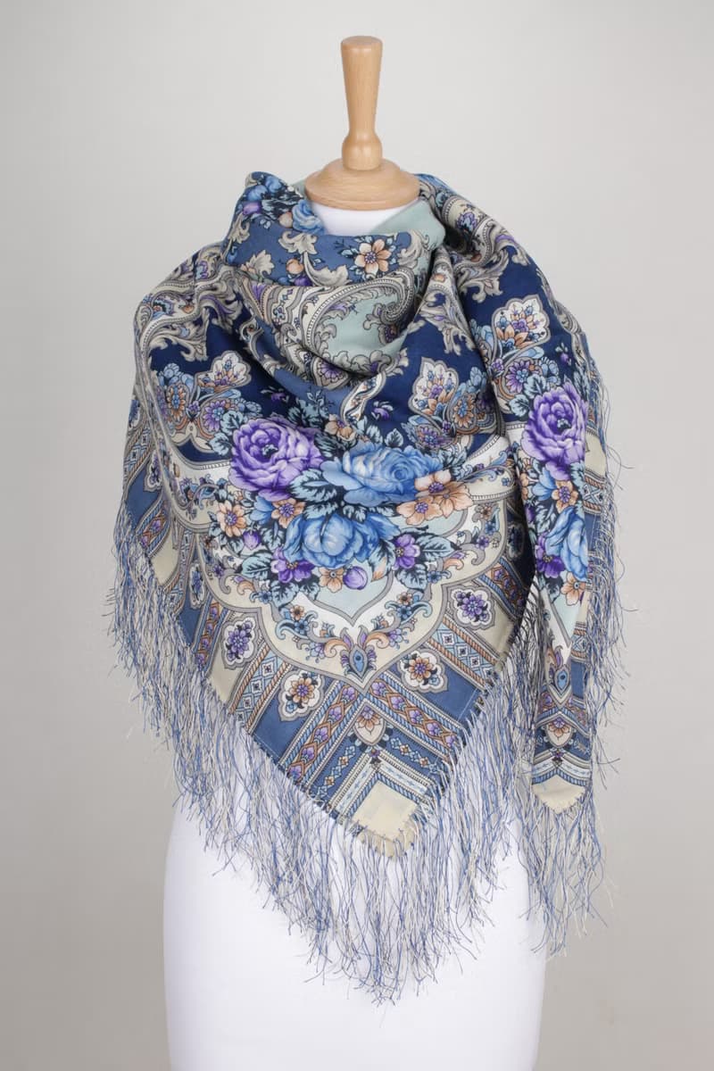 Pavlovo Posad Russian Shawl 100% Wool Scarf 125x125 cm Wrap Silk Fringe 1782-61