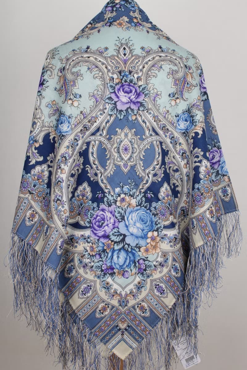 Pavlovo Posad Russian Shawl 100% Wool Scarf 125x125 cm Wrap Silk Fringe 1782-61