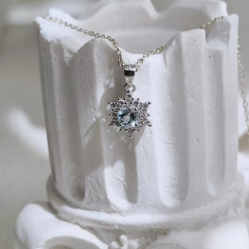 天然海藍寶  海水藍寶項鍊 雪花風格  925純銀 【聖誕飾品】