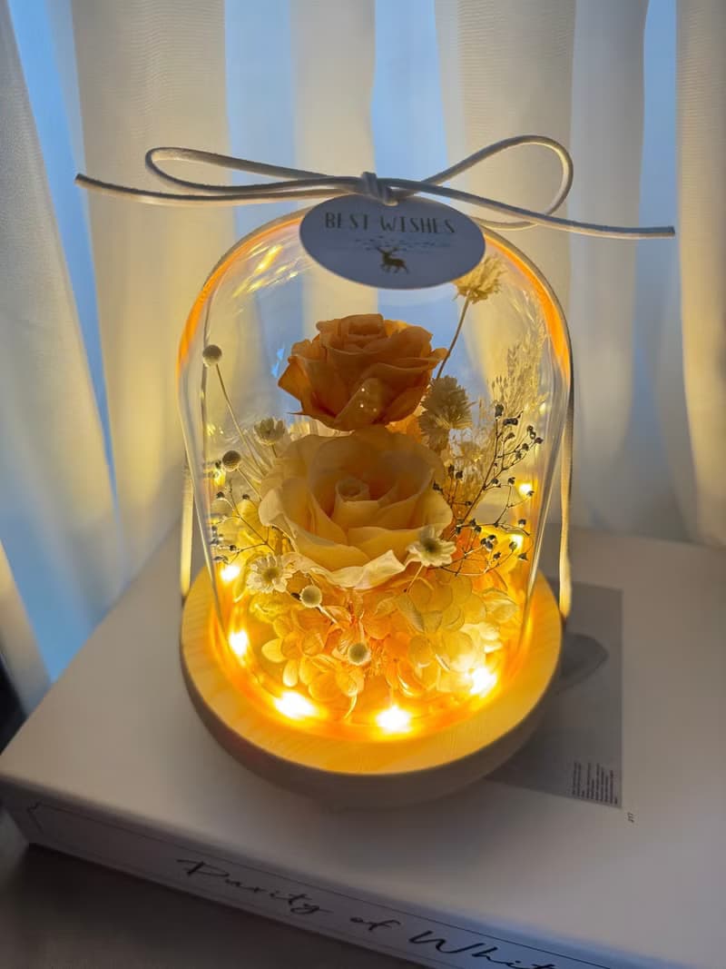 永生花玻璃花盅 夜燈  橘色系