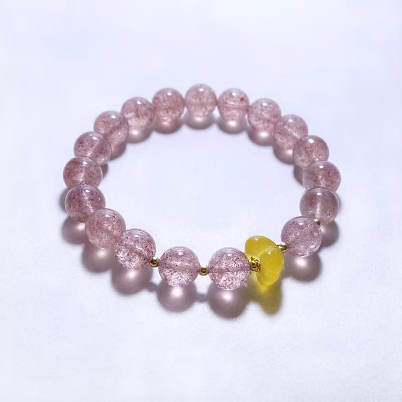 天然礦石 白水體草莓晶 黃玉髓小花朵 925純銀 手鍊