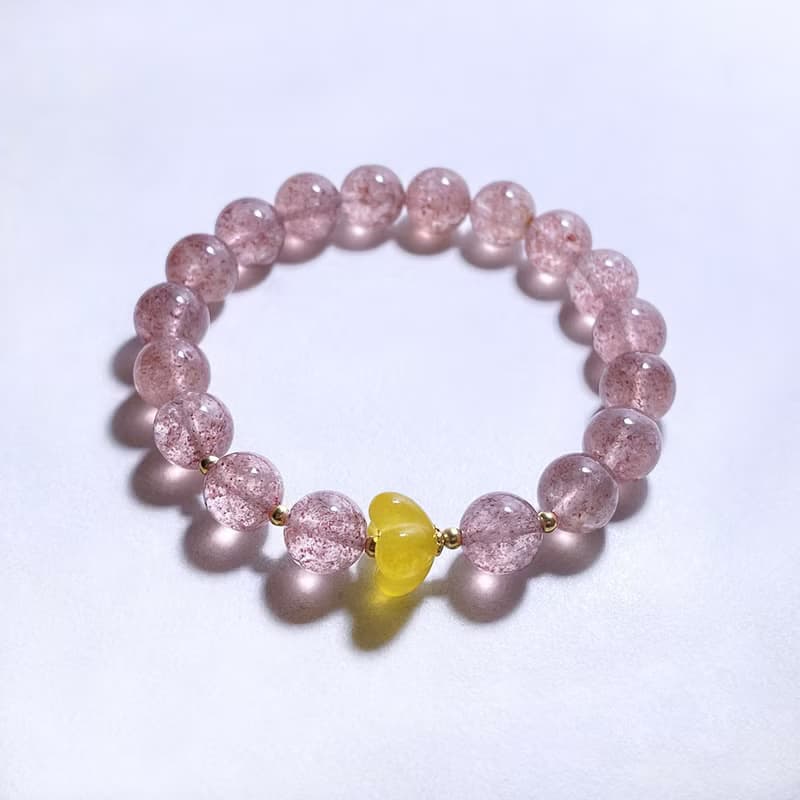 天然礦石 白水體草莓晶 黃玉髓小花朵 925純銀 手鍊