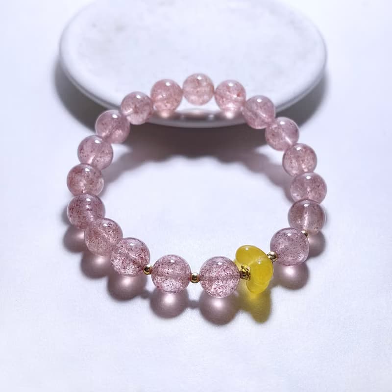 天然礦石 白水體草莓晶 黃玉髓小花朵 925純銀 手鍊