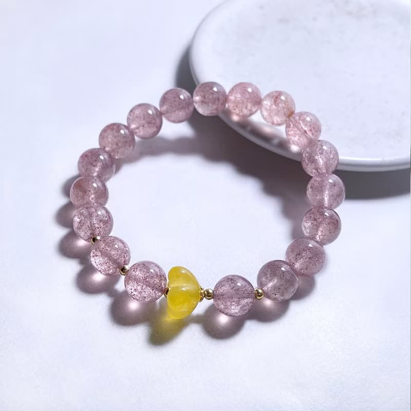 天然礦石 白水體草莓晶 黃玉髓小花朵 925純銀 手鍊