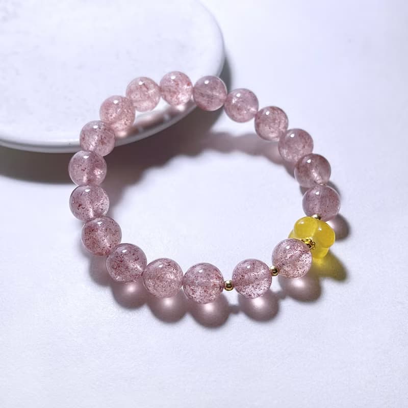 天然礦石 白水體草莓晶 黃玉髓小花朵 925純銀 手鍊