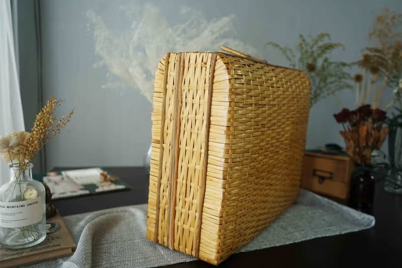日本雜貨-編織竹藍手提行李箱/野餐著用
