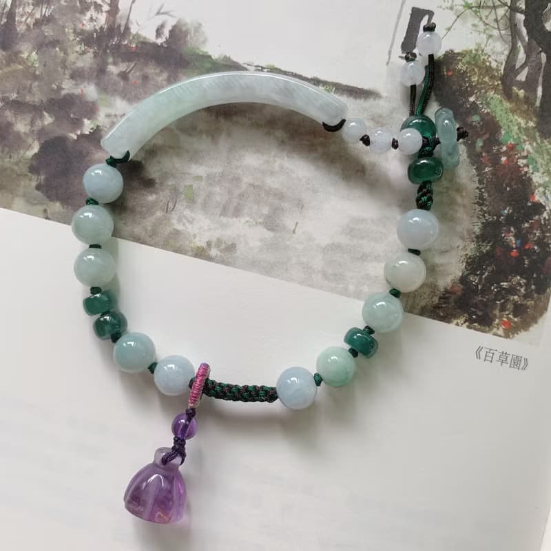 手作 觀枝集。天然翡翠紫水晶蓮蓬復古編織手鏈 古風手繩文藝禮物