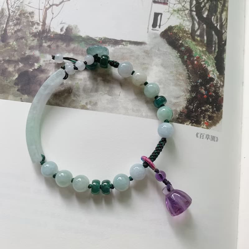 手作 觀枝集。天然翡翠紫水晶蓮蓬復古編織手鏈 古風手繩文藝禮物