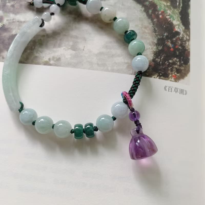 手作 觀枝集。天然翡翠紫水晶蓮蓬復古編織手鏈 古風手繩文藝禮物