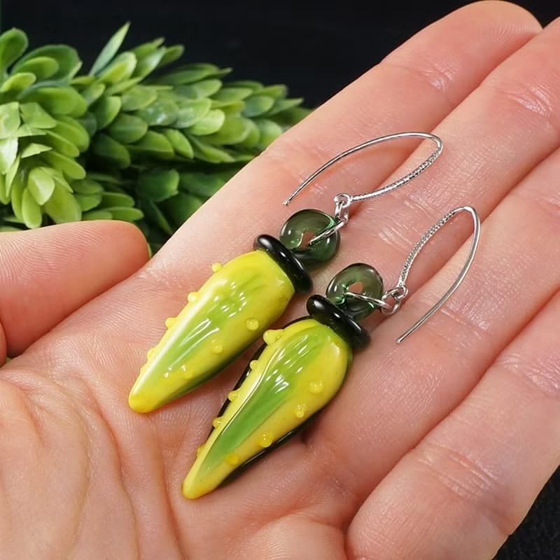 Yellow Corn Lampwork Glass Earrings Long Dangle Vegan Vegetable Earrings Jewelry