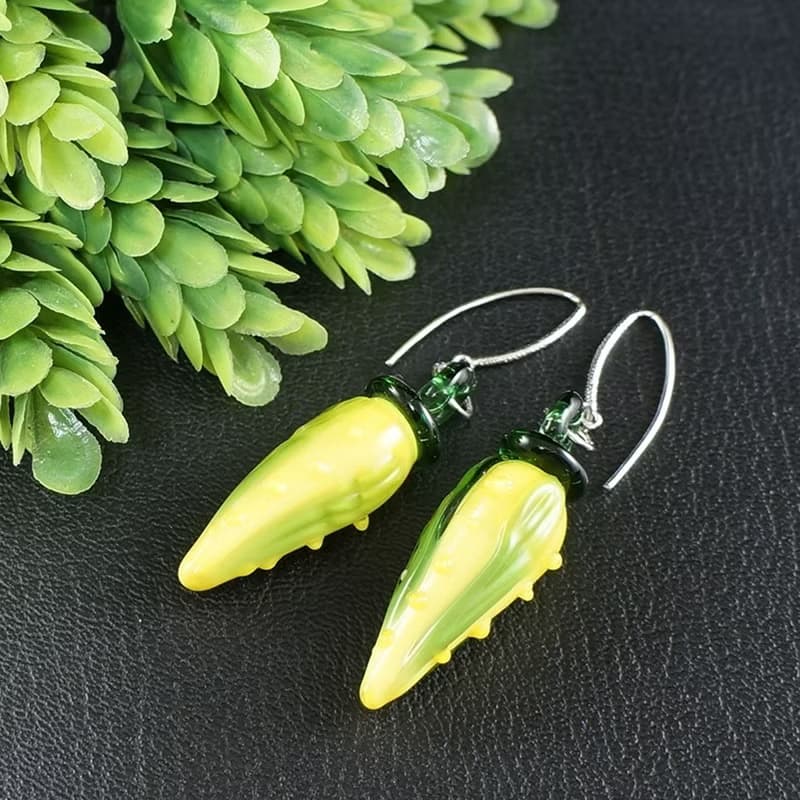 Yellow Corn Lampwork Glass Earrings Long Dangle Vegan Vegetable Earrings Jewelry