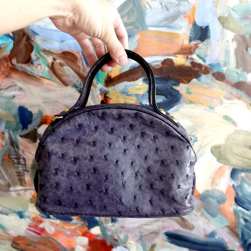 日本中古灰藍色真皮高級鴕鳥皮半月型迷你包包手袋 名牌二手古著