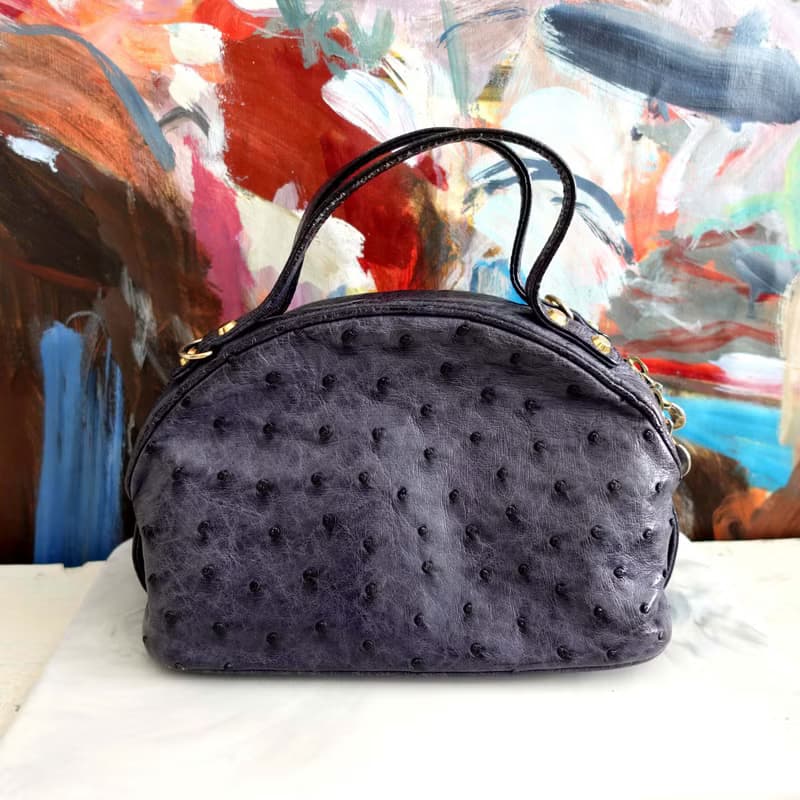 日本中古灰藍色真皮高級鴕鳥皮半月型迷你包包手袋 名牌二手古著