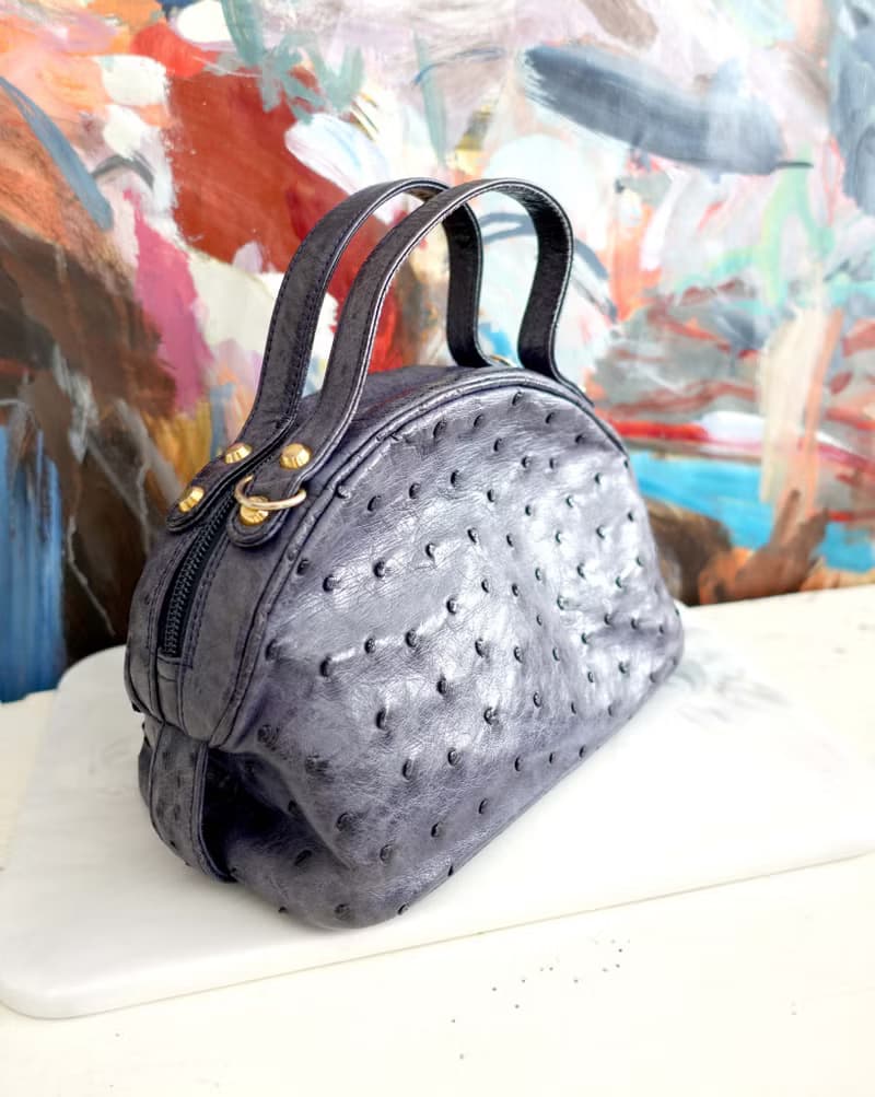 日本中古灰藍色真皮高級鴕鳥皮半月型迷你包包手袋 名牌二手古著