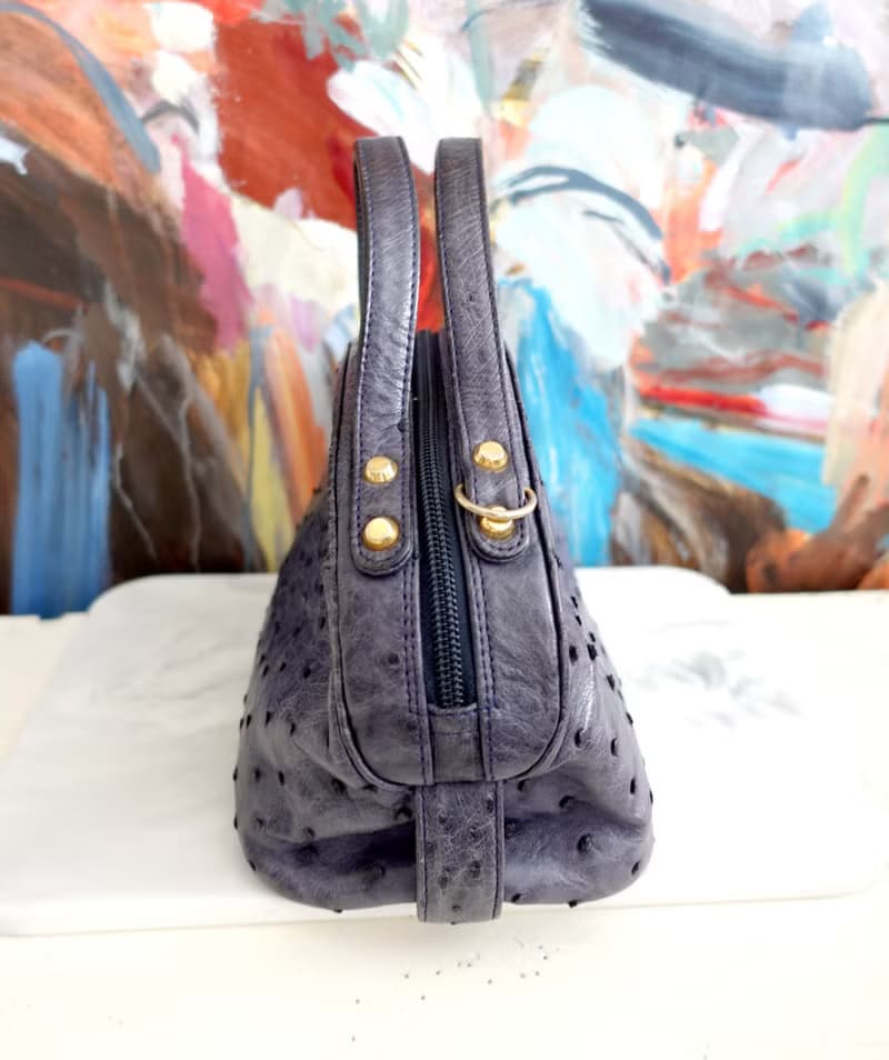 日本中古灰藍色真皮高級鴕鳥皮半月型迷你包包手袋 名牌二手古著