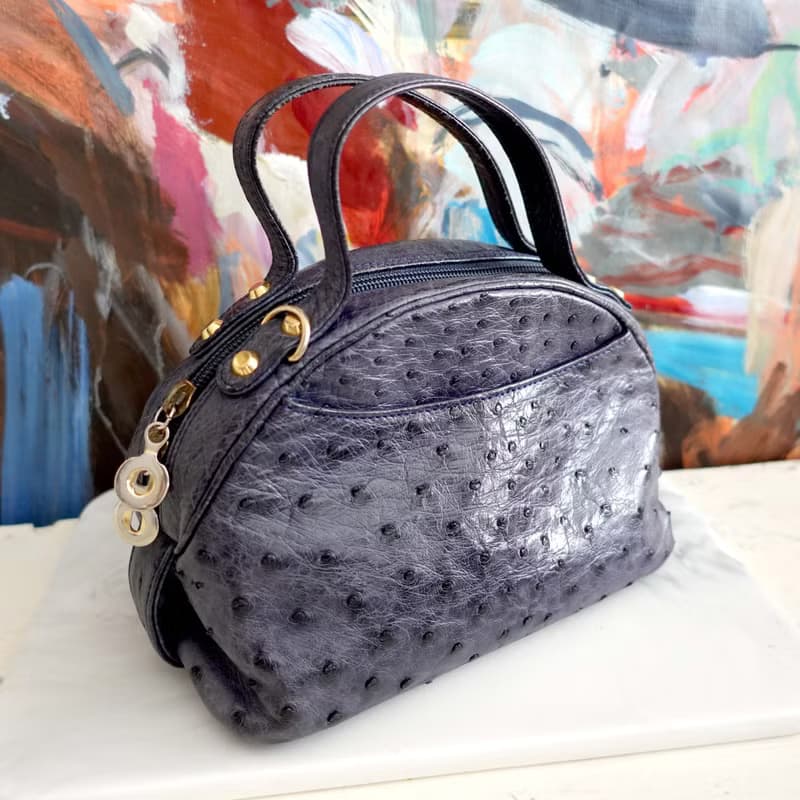 日本中古灰藍色真皮高級鴕鳥皮半月型迷你包包手袋 名牌二手古著