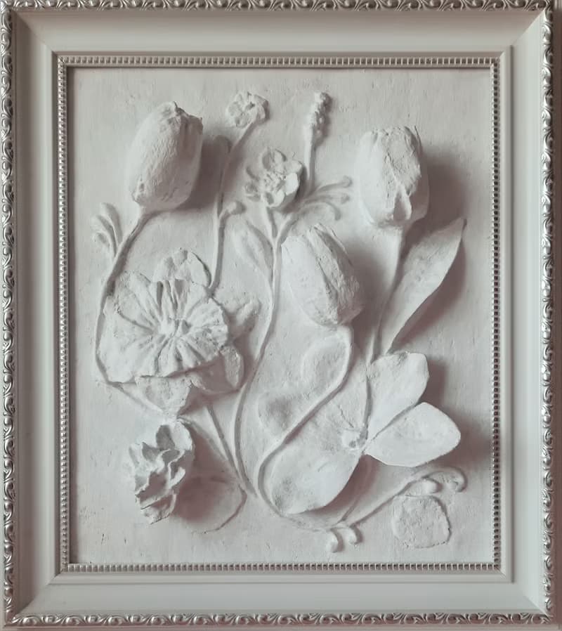 石膏牆藝術植物雕塑框架牆藝術浮雕 3d 藝術框架白色淺浮雕