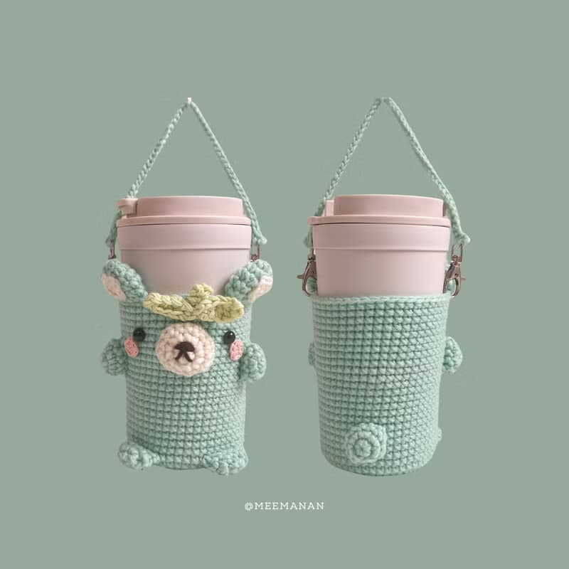 Green Bear Coffee Sleeve 16 oz | Cute Crochet Cozy for Iced Drinks