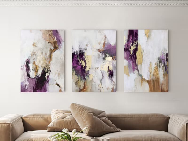 Purple abstract painting | Triptych wall art abstract  | Pink Flow Set of 3