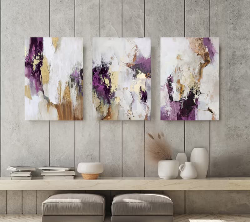 Purple abstract painting | Triptych wall art abstract  | Pink Flow Set of 3