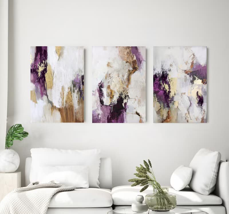 Purple abstract painting | Triptych wall art abstract  | Pink Flow Set of 3