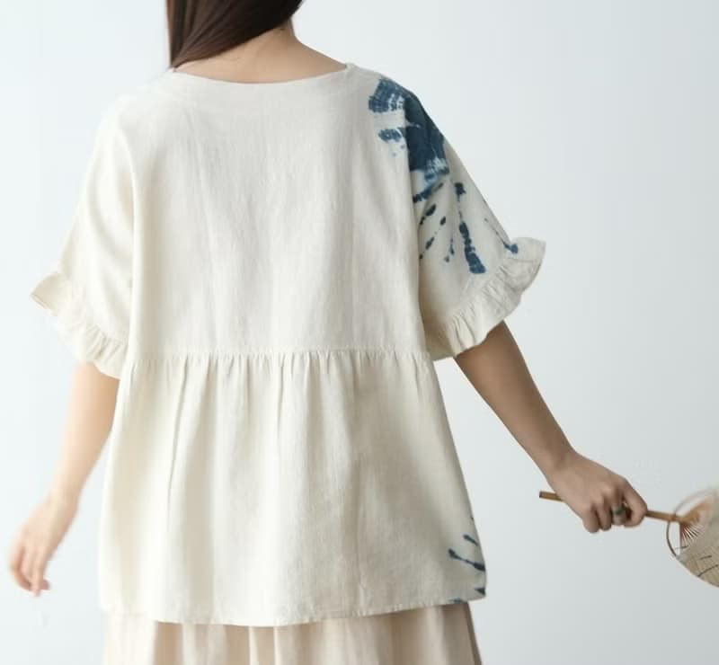 【棉麻手工藍染】V領荷葉邊袖子寬松可愛上衣