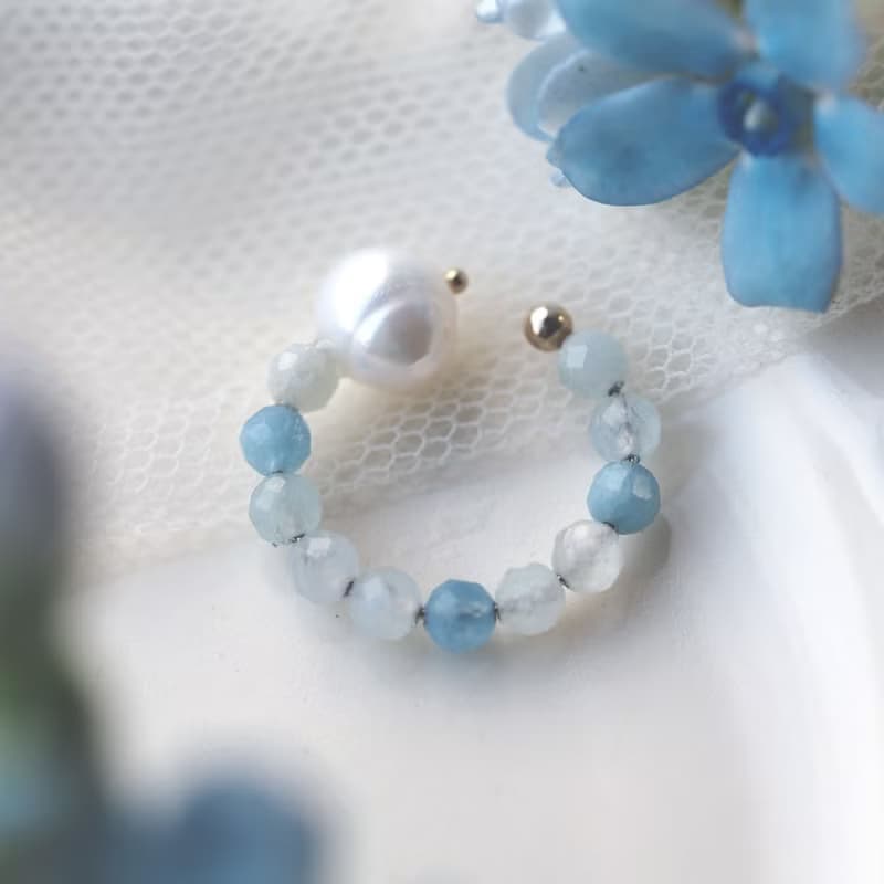 | 2way | アクアマリン×淡水パールのリングカフ | イヤーカフ・リング  | ３月・6月誕生石