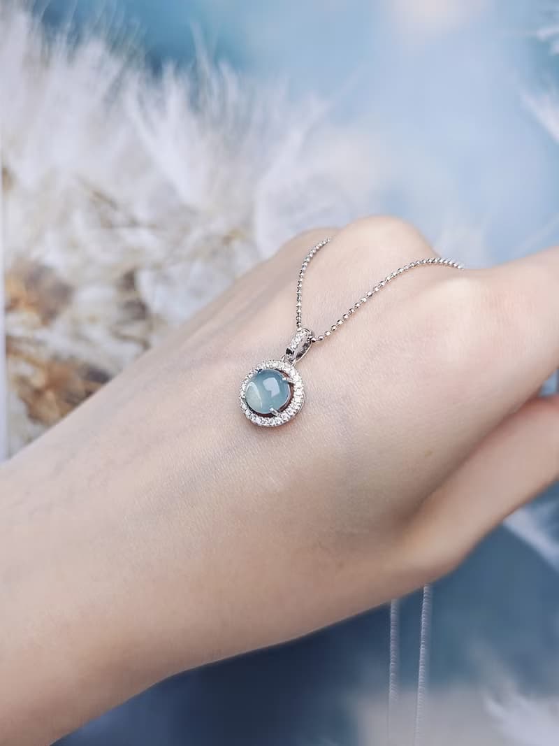 財水|高貴女神|A貨翡翠高冰藍蛋面7mm純銀鍍18k吊墜