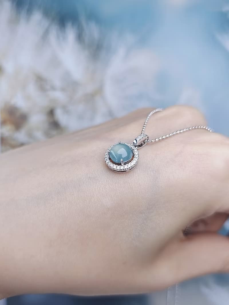 財水|高貴女神|A貨翡翠高冰藍蛋面7mm純銀鍍18k吊墜