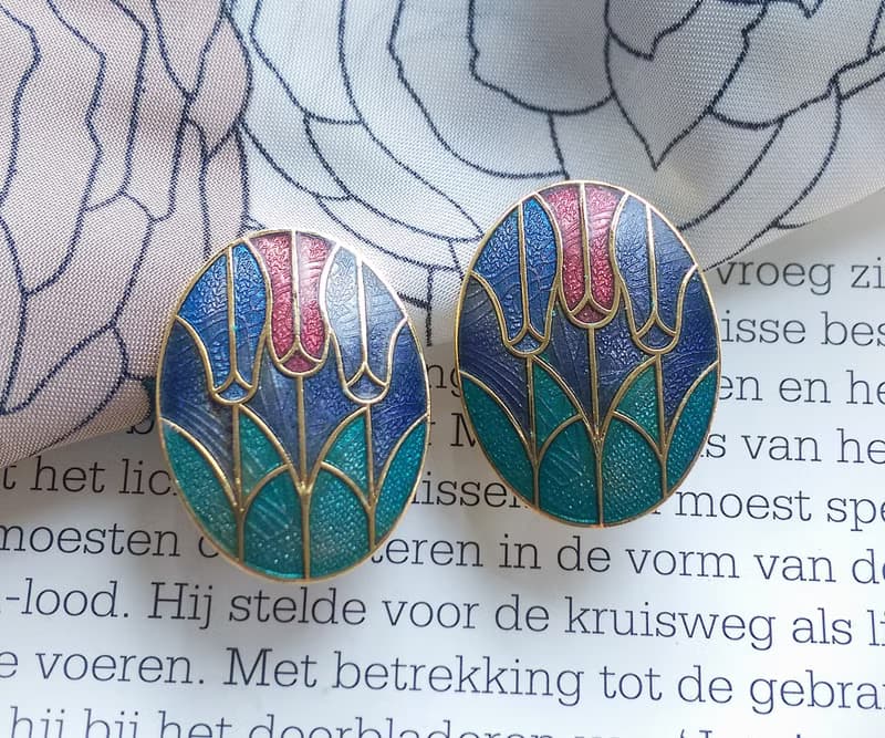 Vintage Jewelry  西洋古董飾品 景泰藍 紫底鬱金香花卉 夾式耳環
