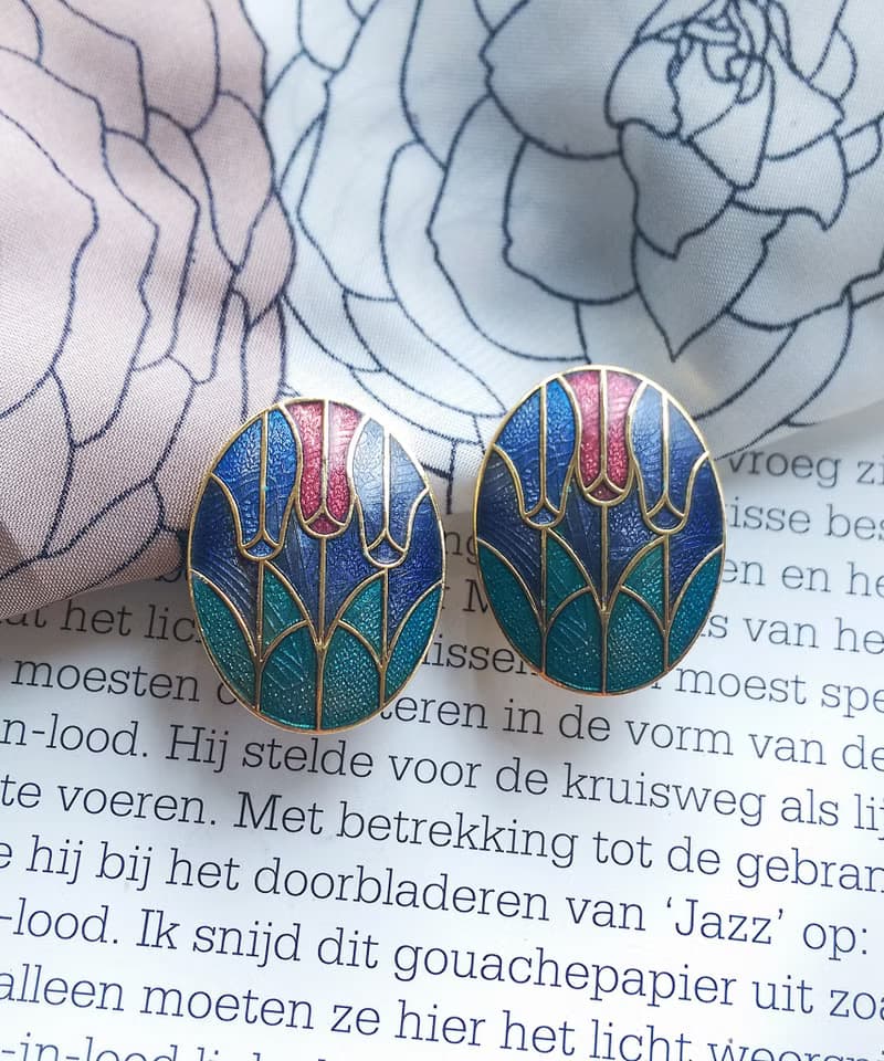 Vintage Jewelry  西洋古董飾品 景泰藍 紫底鬱金香花卉 夾式耳環