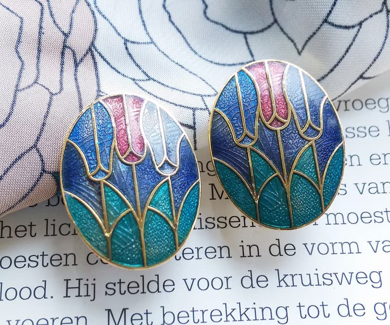 Vintage Jewelry  西洋古董飾品 景泰藍 紫底鬱金香花卉 夾式耳環