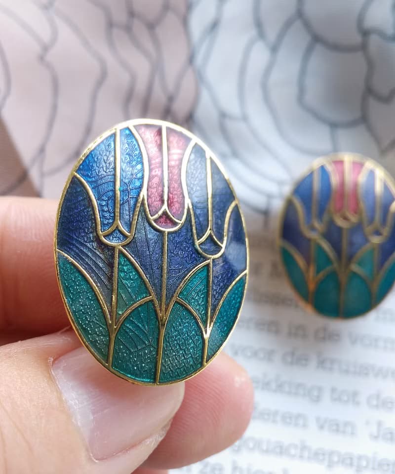 Vintage Jewelry  西洋古董飾品 景泰藍 紫底鬱金香花卉 夾式耳環