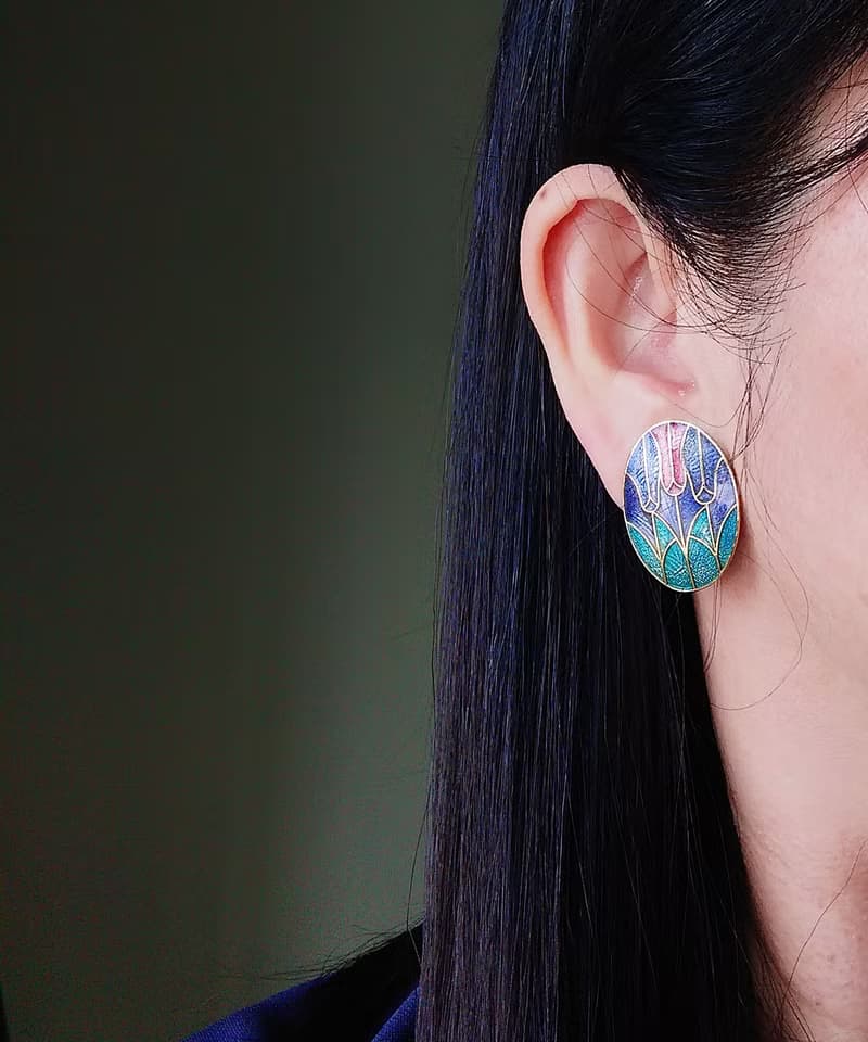 Vintage Jewelry  西洋古董飾品 景泰藍 紫底鬱金香花卉 夾式耳環