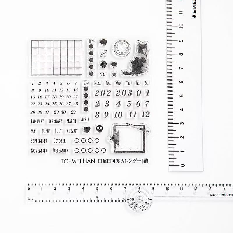 日曜日可変カレンダー猫　貼ってはがせるフォトポリマー製クリアスタンプ TO-MEI HAN
