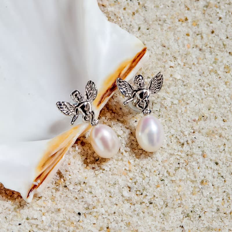 天然白色米型珍珠銀色天使耳環 6–7mm 簡約時尚 情人節禮物
