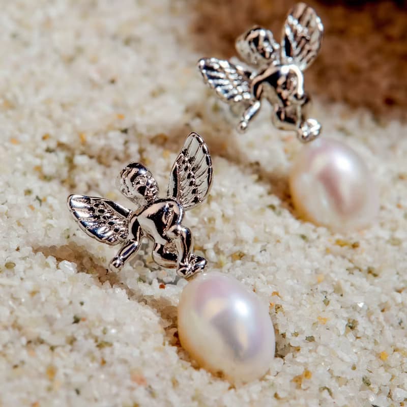 天然白色米型珍珠銀色天使耳環 6–7mm 簡約時尚 情人節禮物