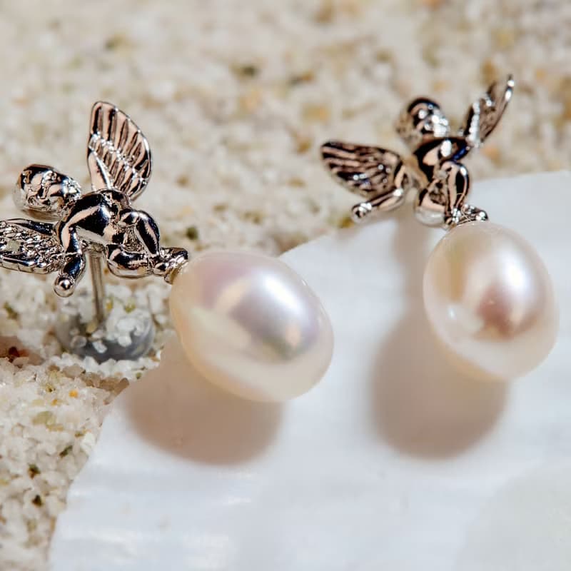 天然白色米型珍珠銀色天使耳環 6–7mm 簡約時尚 情人節禮物