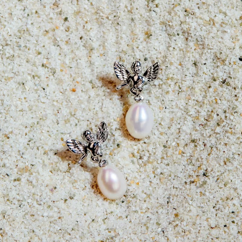 天然白色米型珍珠銀色天使耳環 6–7mm 簡約時尚 情人節禮物