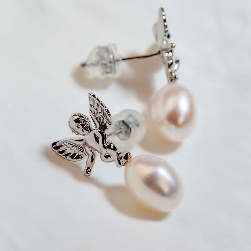 天然白色米型珍珠銀色天使耳環 6–7mm 簡約時尚 情人節禮物