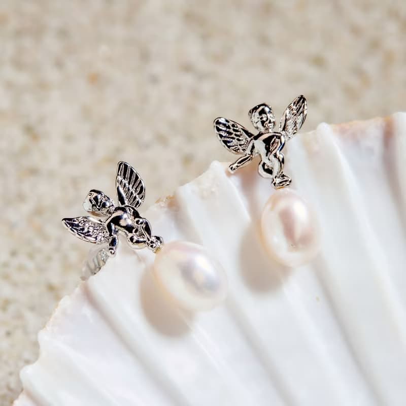 天然白色米型珍珠銀色天使耳環 6–7mm 簡約時尚 情人節禮物